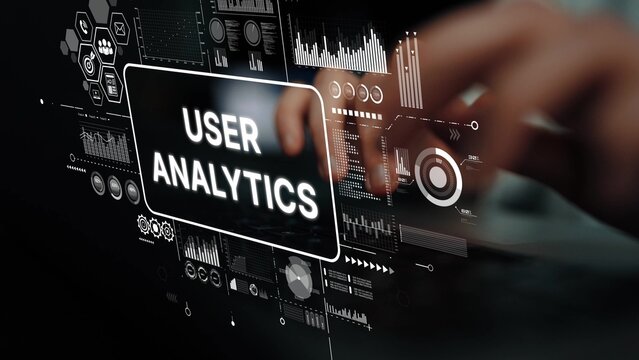 Detailed View of User Analytics Interface with Hands on Keyboard and Data Visualization Elements. Asymptotic smart data analytic.