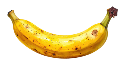 A single, ripe banana, displaying a yellow hue with scattered brown spots.  The banana's stem is green.  A slightly curved shape