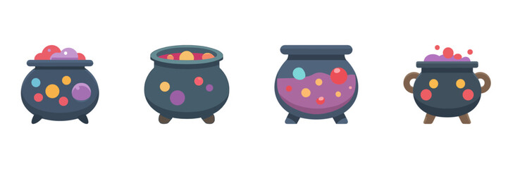 Magic Cauldron With Potion Halloween Icon Set, Cartoon Witch Brew With Bubbles And Toxic Elixirs Isolated On Transparent Background
