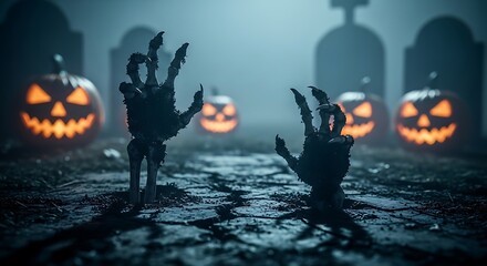 Spooky Halloween Scene: Zombie Hands, Pumpkins, Graveyard Fog.