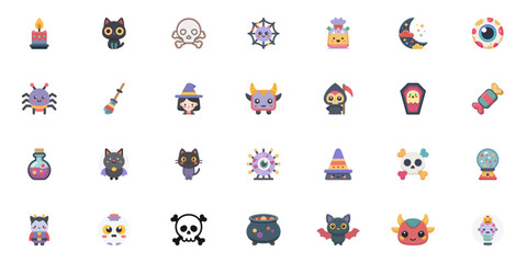 Cute Halloween Icons. Includes Spooky Characters Like Cats, Bats, Witches, Monsters, Potions, And Candy In A Fun Holiday Theme. Isolated Vector Illustration.