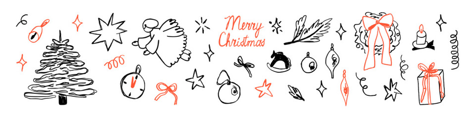 Set of hand drawn Christmas sketches. Decorative doodle elements with chalk, charcoal vintage texture. Christmas tree and wreath, ornaments, angel, stars. Contemporary naive vector illustration