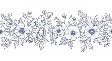Delicate blue floral border illustration with hand-drawn blossoms and leaves