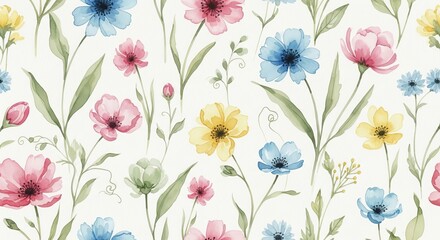 Delicate watercolor wildflowers bloom in a vibrant, cheerful garden.