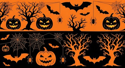Spooky Halloween Scene with Pumpkins, Bats, Spiders, and Bare Trees on Orange and Black Background