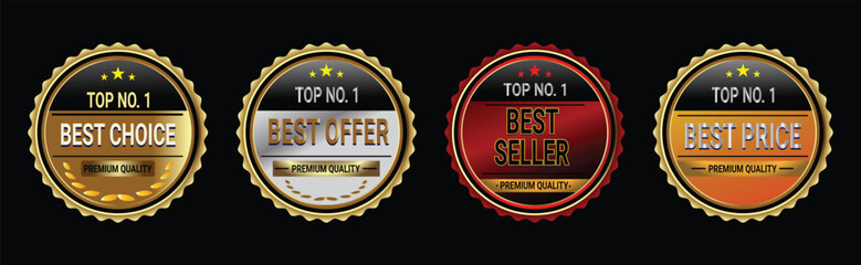 Collection of golden badges with best choice, best offer, best seller and best price on black background