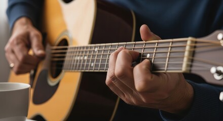 Male adult playing acoustic guitar indoors
