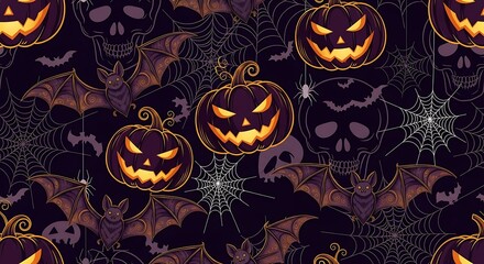Spooky Halloween seamless pattern with glowing jack-o'-lanterns, bats, and skulls