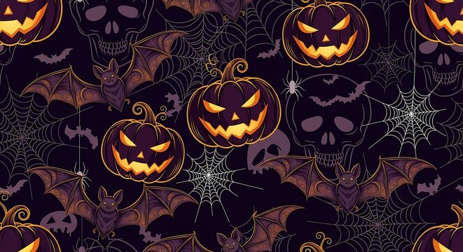 Spooky Halloween seamless pattern with glowing jack-o'-lanterns, bats, and skulls
