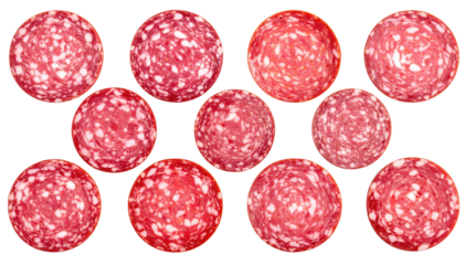 Close-up of sliced salami circles arranged in a grid pattern