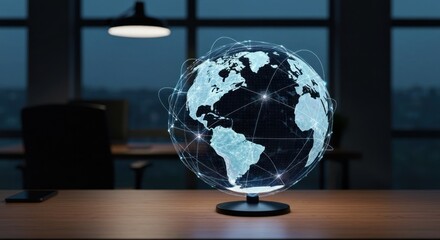 Global network projected from a globe on a desk, night office setting