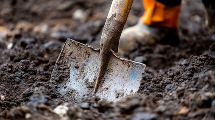 Close up of a workers hand digging the ground with a shovel symbolizing hard work effort and foundation representing manual labor perseverance and the physical act of building and preparation