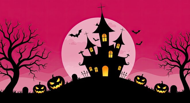 Eerie Halloween Night with Haunted House, Spooky Pumpkins, Bats Flying Across the Full Moon and Twisted Trees on a Dark