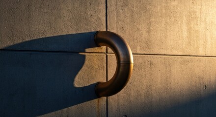 Golden curved pipe affixed to a concrete wall, casting shadow