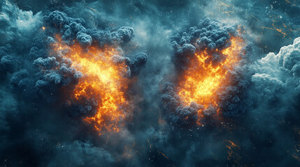 Fototapeta premium Two powerful forces collide as objects crash into each other, triggering a dramatic explosion of energy and light, symbolizing conflict, impact, transformation, and intense dynamic motion. 