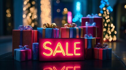 Neon sale sign glowing brightly amidst a generous heap of gifts