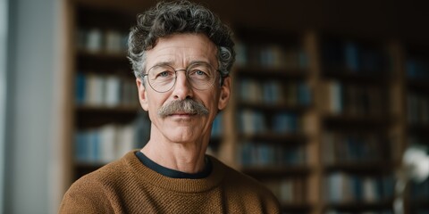 Obraz premium Mature caucasian male with curly hair and glasses in library setting