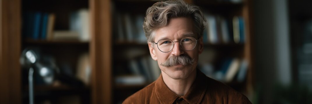 Mature caucasian male with glasses and mustache in library setting