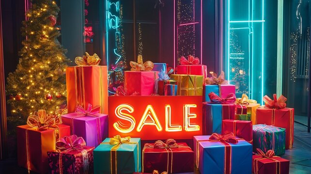 Neon sale sign glowing brightly amidst a generous heap of gifts
