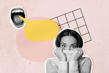 Image poster trend collage of puzzled girl stand bubble mouth talk bullying tension abuse dialogue...