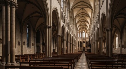 Fototapeta premium Grand cathedral interior; soaring arches, stained glass windows, rows of wooden pews