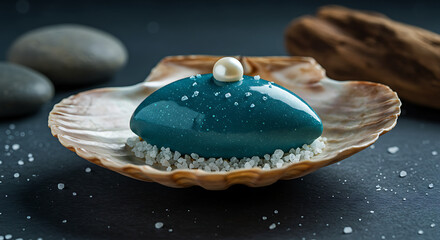 Luxury Ocean Themed Mousse Dessert with Teal Mirror Glaze and Edible Pearl Plated in a Natural Seashell on Dark Background with Salt and Driftwood Gourmet Gastronomy Pastry Art