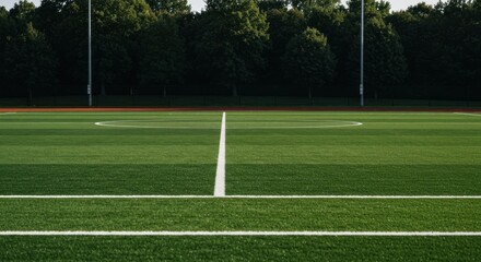 Fototapeta premium Green athletic field with painted white lines, trees in background