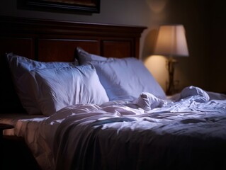 Cozy concept, Unmade bed receiving morning sunlight through blinds. Cozy concept