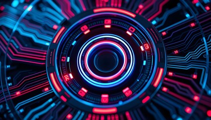 Futuristic technology interface with glowing neon lights and circuit board patterns.