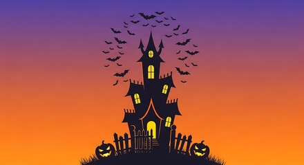 Spooky haunted house silhouette with flying bats and jack-o'-lanterns against a vibrant purple and orange sunset sky for Halloween.