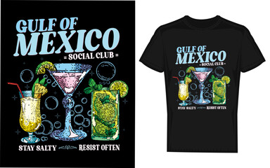 Gulf of mexico social club logo design nautical emblem with silhouette of a ship and coastal elements