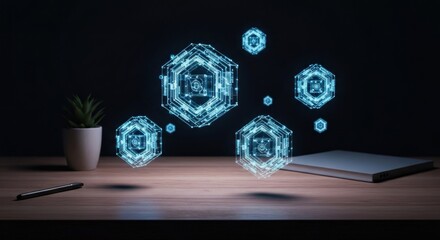Hexagonal data clusters float above a desk, plant and notebook nearby