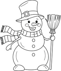 Happy Snowman with Broom and Scarf in Winter Wonderland - Festive Holiday Season Line Art Vector Illustration for Coloring Book