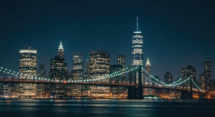 Fototapeta premium Illuminated cityscape skyline and bridge at night, over water reflections