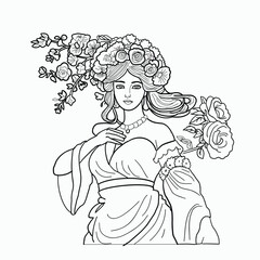 Graceful Vintage Woman Adorned with an Exquisite Floral Crown and Holding a Bouquet of Beautiful Roses in an Elegant Line Art Illustration