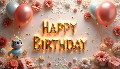 A divine banner featuring elegant balloons, flowers, and luxurious gift boxes on an embossed paper-like background with intricate patterns. A refined 3D effect enhances volume, depth, and realism. At 