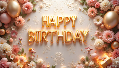 A divine banner featuring elegant balloons, flowers, and luxurious gift boxes on an embossed paper-like background with intricate patterns. A refined 3D effect enhances volume, depth, and realism. At 