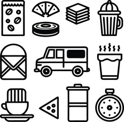 Simple line art icons for coffee shop business delivery and enjoyment diverse collection of food beverage and service graphics