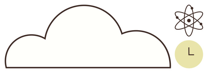 Cloud outline paired with an atomic structure and a time icon conveying technology, innovation, storage. Ideal for science, technology, cloud computing, efficiency, data, modern solutions simple