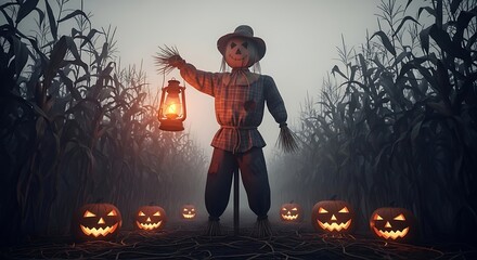 Spooky Scarecrow in Cornfield with Lantern and Jack-o'-Lanterns for Halloween