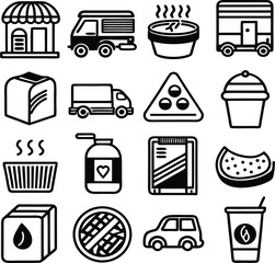 Collection of icons representing food delivery services transportation logistics and restaurant businesses simple line art style