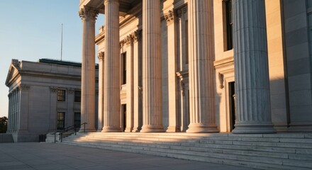 Majestic building facade with tall columns and stairs basked in sunlight