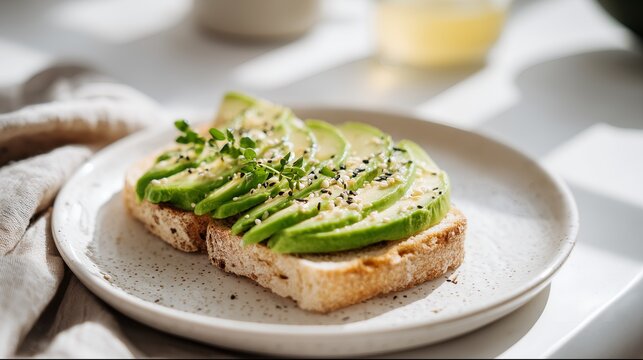 Sliced avocado on toasted bread topped with microgreens and sesame seeds on a ceramic plate in bright morning light. Fresh, healthy breakfast with a cozy home vibe.