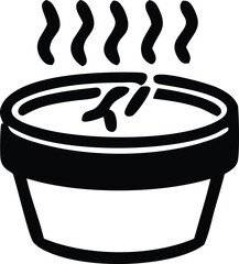 Stylized black and white icon of a steaming pot of food or soup indicating warmth and culinary delights a simple visual representation