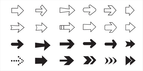 Black silhouette various style of right arrow isolated on transparent background