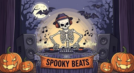Spooky Skeleton DJ mixing music on turntables for a Halloween party with pumpkins and bats under a full moon.