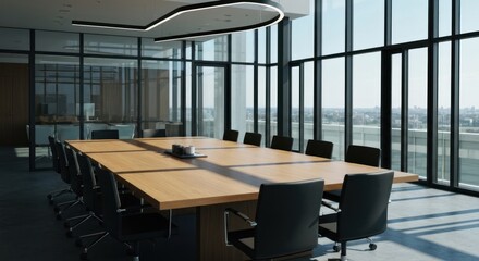 Modern conference room with long table, black chairs, and city view windows