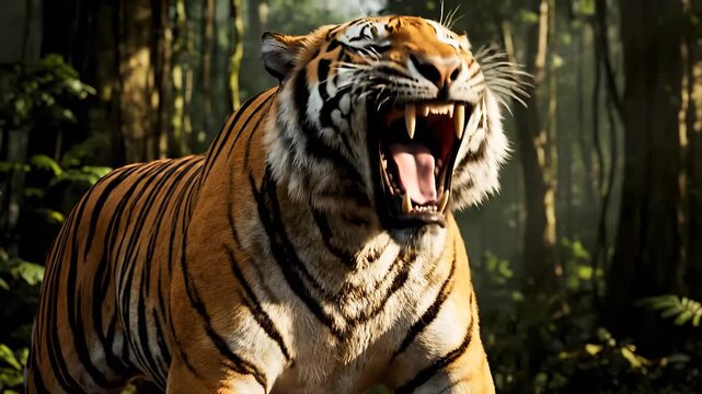 A tiger prowls through a dense forest with trees towering above. The tiger moves silently as the tiger navigates the lush forest environment.