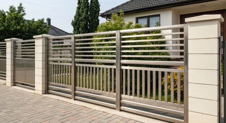 Fototapeta premium Modern metal gate and fence in front of a house, with brick-paved driveway