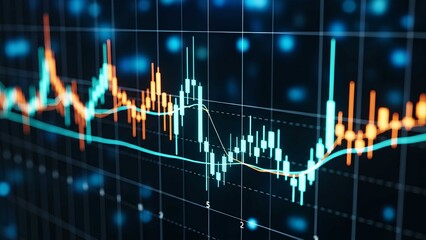 Glowing financial chart on digital screen with stock market data, trading options, profit growth, and investment analysis in a modern abstract style.